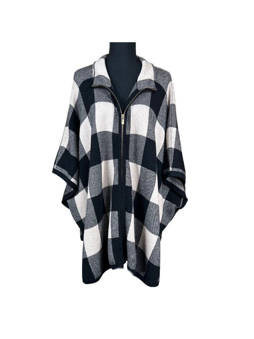 Jones New York Black Cream Checked Full Zip Dolman Sleeve Poncho Plus Size 0X/1X